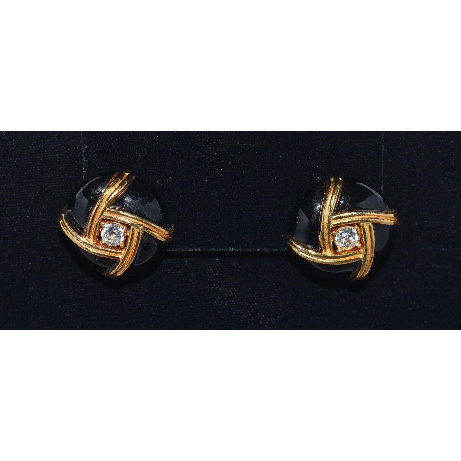 Vintage Ciner Designer Black Gold Art Deco Rhinestone Cip-On Earrings 85$